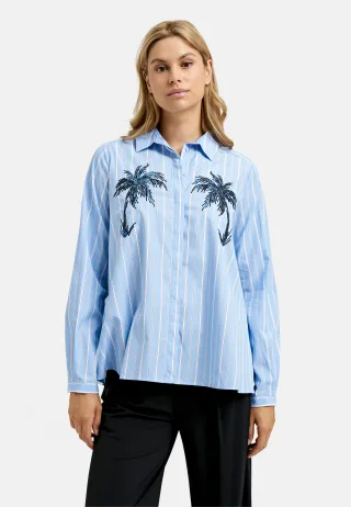 Milano Italy - Blouse w collar + placket, 1/1 sleeves w cuffs, body w Appli azur print - Gr. - 40