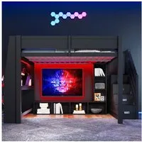 OKWISH Hochbett mit 5 Schubladen & Ausziehböden (mit LED-Beleuchtung, Schreibtisch & Stauraumtreppe, Schwarz, 1-St., 278.5 x 145 x 170)