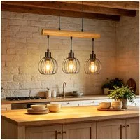 ZMH Pendelleuchte 3-flammig aus Holz und Metall, E27, höhenverstellbare Hängeleuchte, ohne Leuchtmittel, Industrial-Stil für Esstisch und Küche