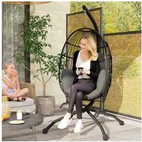 Outsunny Hängesessel Eiförmig, faltbar mit Becherhalter, abnehmbar waschbar Sitz, Gestell (Hängestuhl, 1-St., Schaukelstuhl), bis 120 kg Belastbar, Polyester, Schwarz