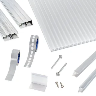 Polycarbonat Stegplatten | Terrassendach-Set | einfachem Alu Verlegeprofil | 16 mm | opal-weiß