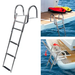 Stainless Steel Telescoping Folding Pontoon Boat Ladder 4 Step Non Slip Pedal Rear Entry Extra Tall Handrails 316 Steel