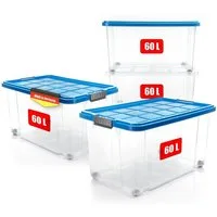BigDean Aufbewahrungsbox 60 L mit Deckel groß – robuste Stapelbox rollbar mit Klickverschlüssen (Set, 4 St., Aufbewahrungsbox + Deckel + Rollen), Sicher Stapelbar, Platzsparend, Transparent, Rollen, Klickverschlüsse