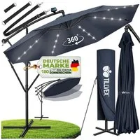 tillvex Sonnenschirm tillvex® Sonnenschirm LED Solar Ø 3m Ampelschirm Balkon Gartenschirm, Alu Ampelschirm + Abdeckung LED Solar Ø 350 cm mit Kurbel, Abdeckung + Ständer, Gartenschirm UV-Schutz Aluminium, Kurbelschirm Marktschirm wasserdicht 360° dre