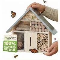 Zooprinz Insektenhotel Insektenhaus mit Aufhängung XXL Vollholz mit Blechdach, Bambus, Tannenzapfen, Holz mit Löchern, Holzspäne, Holzschlitz
