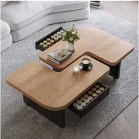 KLAM HOME Couchtisch Beistelltisch Sofatisch mit LED-Design aus umweltfreundlichem Holz (2-in-1-Design, beliebige Kombination, Design in natürlicher Holzfarbe), 2 Schubladen, weiche Rundungen, höhenverstellbare Füße