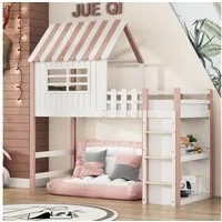 Flieks Hochbett Hausbett Kinderbett 90x200cm mit Sicherheitsleiter und Ablagefach