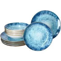MamboCat Tafelservice Marina 12tlg Tafelservice Porzellan 6 Pers blaue Speiseteller, Porzellan