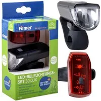 Filmer Fahrradbeleuchtung LED Fahrrad-Licht Set Beleuchtung 30 Lux Schwarz, Frontlampe 30 Lux / 15 Lux 2 Stufen Rücklicht StVZO zugelassen Halter