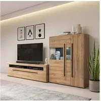 Lomadox Wohnwand TURDA-83, (2-St., Couchtisch Highboard Lowboard Sideboard Vitrine Wandregal), Eiche braun Metallgriffe inkl. LED Beleuchtung modern nachhaltig