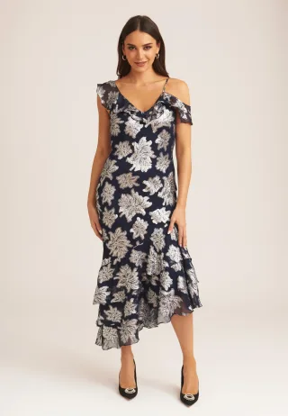 Florales gestuftes Midikleid mit Rüschen