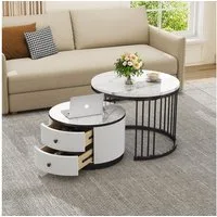 MODFU Couchtisch Couchtisch-Set in Nestform (Sofatisch, Wohnzimmertisch, 2-St., 60*60*45.5+50*50*32 cm), mit 2 Schubladen, hochglänzender Marmoroptik