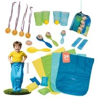 alldoro Spielesammlung XXL Partyspiele Set für Kinder, Spielesammlung für Kindergeburtstag, 29-teilig mit Sackhüpfen, Eierlauf, Medaillen und vielem mehr