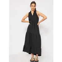 SASSYCLASSY Maxikleid Langes Musselin Kleid mit Stufendesign Maxikleid aus Baumwolle mit V-Ausschnitt und Fransen