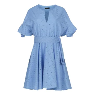 Himmelblaues besticktes Kleid mit gerafften Ärmeln