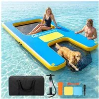 Warmounts Schwimminsel aufblasbar Luftmatratze 340kg Tragkraft mit Hunde-Bootsrampe 305×183cm, Schwimmdock Für 4-5 Personen mit Rutschfester EVA-Oberfläche