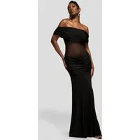 Goddiva Maxikleid Gathered Off The Shoulder Mesh Waist Panel Maxi Dress Langes Kleid, Meerjungfrau, Bodycon
