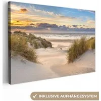 OneMillionCanvasses® Leinwandbild Strand - Düne - Gras - Sonnenuntergang - Meer, Fotodruck (1 St), Leinwand Bilder Klein, Wand Dekoration Aesthetic 30x20 cm