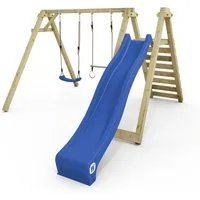 Wickey Doppelschaukel Smart Swift – Gartenschaukel mit extralanger Rutsche & Turnzubehör, (Schaukelgestell - Motoriktraining durch Turnringe, Schaukel & Podest, Kinderschaukel - Erweiterbar für Kinder aller Altersstufen), Massivholz-Spielanlage für K