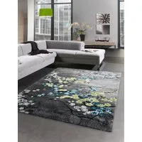 Carpetia Teppich Designer Teppich Kurzflor Wohnzimmerteppich Blumen grau türkis blau, rechteckig, Höhe: 13 mm