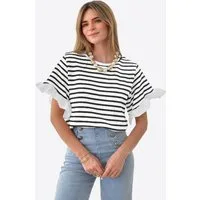 Imily Bela T-Shirt Damen Kurzarm Streifenmuster und Rüschenärmeln Casual Basic (Packung, 1-tlg., 1per-Pack) mit Rundhalsausschnitt
