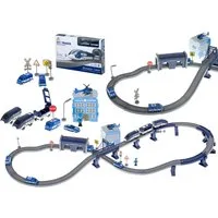 Ikonka Spielzeugeisenbahn-Set Elektrischer Polizei-Zug mit Schienen und Fahrzeugen, Spur Standardgröße für Spielzeug-Eisenbahnen, (Spielset für kreative Rollenspiele mit Polizeithema, 92-tlg., Polizei-Spielset mit elektrischer Eisenbahn und Zubehör),
