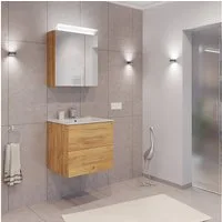 Lomadox Badmöbel-Set HARLINGEN-02, (Spar-Set, 2-St., Waschtisch Spiegelschrank), Eiche Nb., 2 Schubladen, LED Aufsatzleuchte