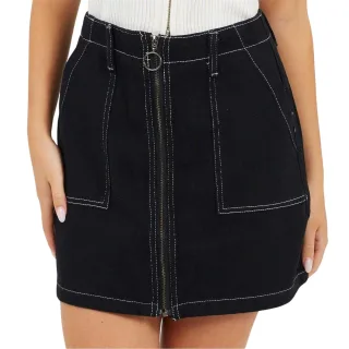 Brave Soul - Minirock für Damen, Durchgehender Reißverschluss, Denim, Hoch geschnitten (Schwarz/Weiß)
