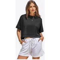 Imily Bela T-Shirt Damen Oversize Cropped Kurzarm Sommer Basic Casual mit Brusttasche (Packung, 1-tlg., 1per-Pack) mit Rundhalsausschnitt in Unifarbe