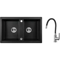 KOLMAN Küchenspüle Elza Set Doppelbecken Granitspüle und Spültischarmatur, Rechteckig, 48/78 cm, Schwarz, Siphon & Ablauf im SET
