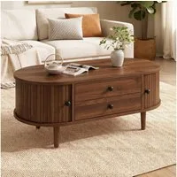 KLAM HOME Couchtisch Moderner Couchtisch Eichenoptik mit verziertem Schiebetür-Design (Ovaler Wohnzimmertisch 100x50x40cm mit 2 praktischen Schubladen), Stauraum-Couchtisch aus MDF mit massiven Kieferfüßen