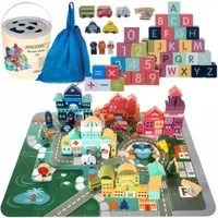 KRUZZEL Holzblöcke Stadt: Kreativer Sortierer und Puzzle in einer Tasche Spielbausteine, (Holzbausteine Stadt - Set, 100 St., Holzklötze Stadtsatz mit 100 Blöcken, Eimer, Sortierabdeckung), Kreativer und fröhlicher Spielspaß für Kinder