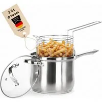 BIG-PAN Frittiertopf Pommestopf 3,5 L Edelstahl Fritteuse mit Frittierkorb und Glasdeckel, Edelstahl (Pommes-Frittierer Stielkasserolle, Kochtopf Universaltopf Kasserolle), Frittöse Topf für Pommes