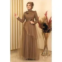 Modavitrini Tüllkleid Damen Abendkleid Abiye Abaya Hijab Kleid Maxikleid (CICEK) mit Blumendetails