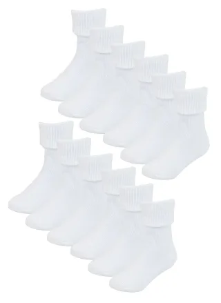 Baby Cotton Turn Over Top Socken | 6 Paar Pack | Socken Snob | Plain Funny Socken für Jungen und Mädchen - Weiß