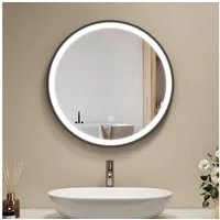 EMKE Badspiegel mit Beleuchtung Rund Badezimmerspiegel schwarzem Rahmen (50-80cm, Touchschalter), Dimmbar Warmweißes/Kaltweißes/Neutrales Licht, IP44