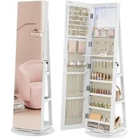 SONGMICS Schmuckschrank mit LED und Spiegel, 3 Ablagen, 360° drehbar, weiß