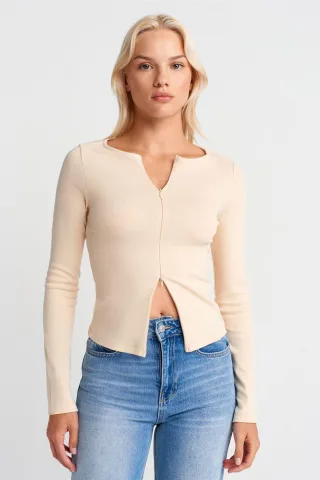 Schmale Passform Bluse aus Baumwollmischung mit Reißverschluss