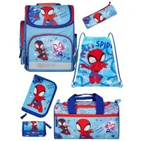 Familando Schulranzen Schulranzen SPIDEY 1.-4. Klasse ergonomisch, leicht, Volumen 15 Liter (6-tlg., inkl. Federmäppchen und Sporttasche), SPIDEY und seine Freunde, Blau