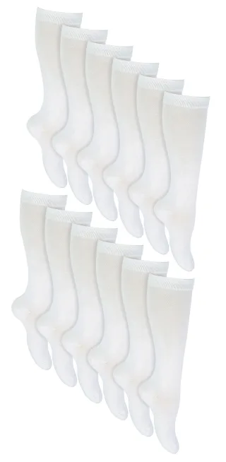 12 Paar Multipack Mädchen Kniestrümpfe | Atmungsaktive lange Baumwolle Schule Socken | Farbe Option - Grau, Schwarz, Weiß, Blau - Weiß