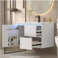 Flieks Waschtisch mit LED-Radarsensor Waschbeckenunterschrank inkl. Waschbecken (wandhängend, Badschrank mit Led-Beleuchtung Waschplatz Badzimmer, 1-St., B76/T46/H50 cm, Volllackierung), Badmöbel-Set mit Schubladen und Türablagen Badezimmerschrank We