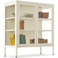 tectake Lowboard Metallvitrine, Kippschutz, höhenverstellbare Füße, 80 x 37 x 90,5 cm (Glasvitrine Baker, in creme), Glastüren mit Magnetverschluss, verstellbare Zwischenböden, Stahl
