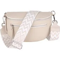 MIRROSI Bauchtasche Damen, Echtleder, Leder, Made in Italy, Umhängetasche, Brusttasche, (Schultertasche für jeden Anlass (1 Tasche & 2 Gurt), Mit zwei Reißverschlüssen, Gr.M 27x14x8cm oder Gr.L 27x20x9cm), Beige Crossbody Bag, gemusterten& verstellba