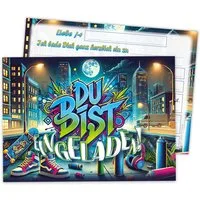 LIMONIA Einladungskarten Graffiti zum Kindergeburtstag Mädchen Jungen Einladungen neon, Einladungskarten mit Graffiti Motiv für Kinder