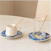 Bricard Teeglas - Espresso Set 24 teilig Blau Gold inkl. Untertasse und Löffel