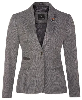 Damen-Blazer aus Tweed im 1920er-Jahre-Stil mit Fischgrätenmuster in Grau