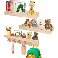 BlingBin Kinderregal 3er Set Bücherregal Kinder Wand, Wandregal Kinderzimmer 40cm, 1er Set 3-tlg., Schweberegale mit 6 Holzhaken für Jungen & Mädchen, Montessori Regal