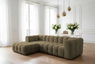 Ecksofa Designersofa SOLVIE in Stoff Moly Moosgrün Ottomane Links