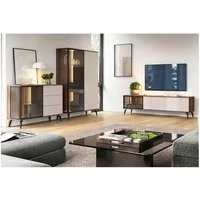 Lomadox Wohnzimmer-Set VIC-160, (Mega-Spar-Set, 3-St., Lowboard Kommode Highboard), Eiche Kaschmir Beige Rillen inkl. Beleuchtung Metallfüße Push-to-open