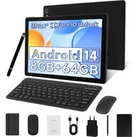 Happybe 10,1 Zoll 64GB, Android, HD 1280x800, mit Tastatur, Maus und Stylus Tablet (10", 64 GB, Android 14, WiFi6, Android 14, 8GB RAM, Widevine L1, Komplettset mit Tastatur/Stift/Maus)